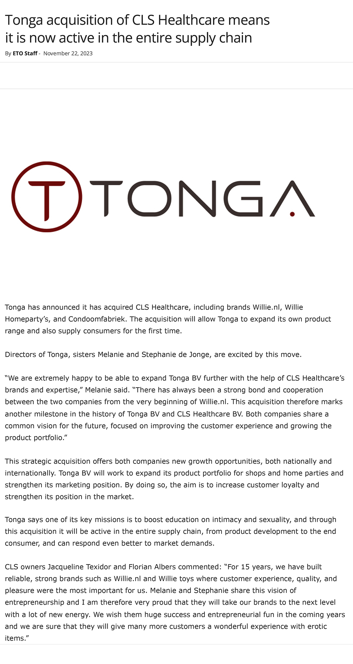 2023-11 ETO Online - Tonga Acquisition Of CLS Healthcare Means It Is Now Active In The Entire Supply Chain